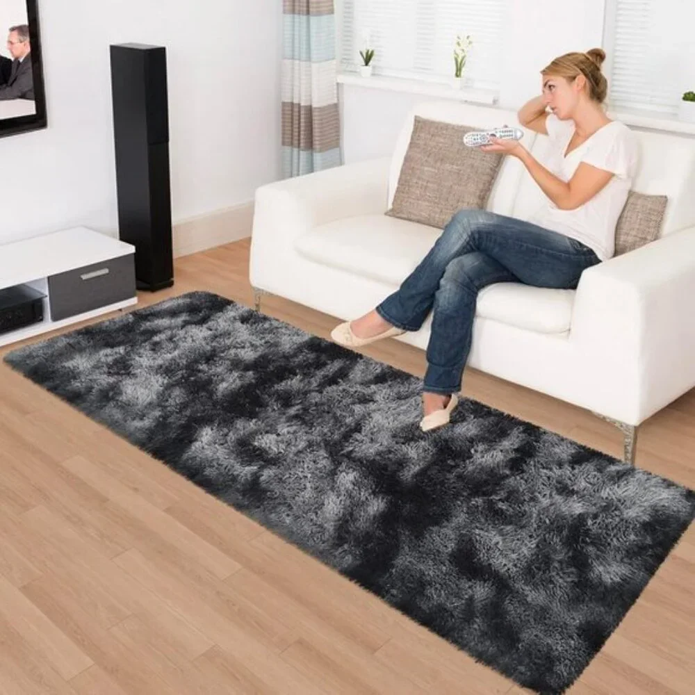 New 2x6 Black Grey Tie-Dye Runner Rug, Fluffy Carpet for Bedroom & Kids’ Room